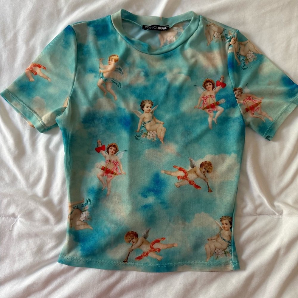 Fashion Nova Blue Cherub Print Short Sleeve Tee